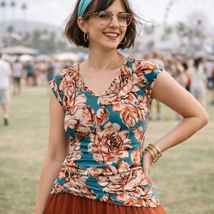 Express U Rare Vtg 90s Floral Slinky Top S USA Side Tie Sequin Y2K Forest Fairy